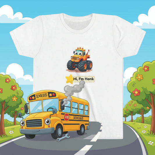 A white short-sleeve crewneck t-shirt featuring a cartoon graphic of an orange monster truck with a smiling face and the text 'Hi, I'm Hank' below it.