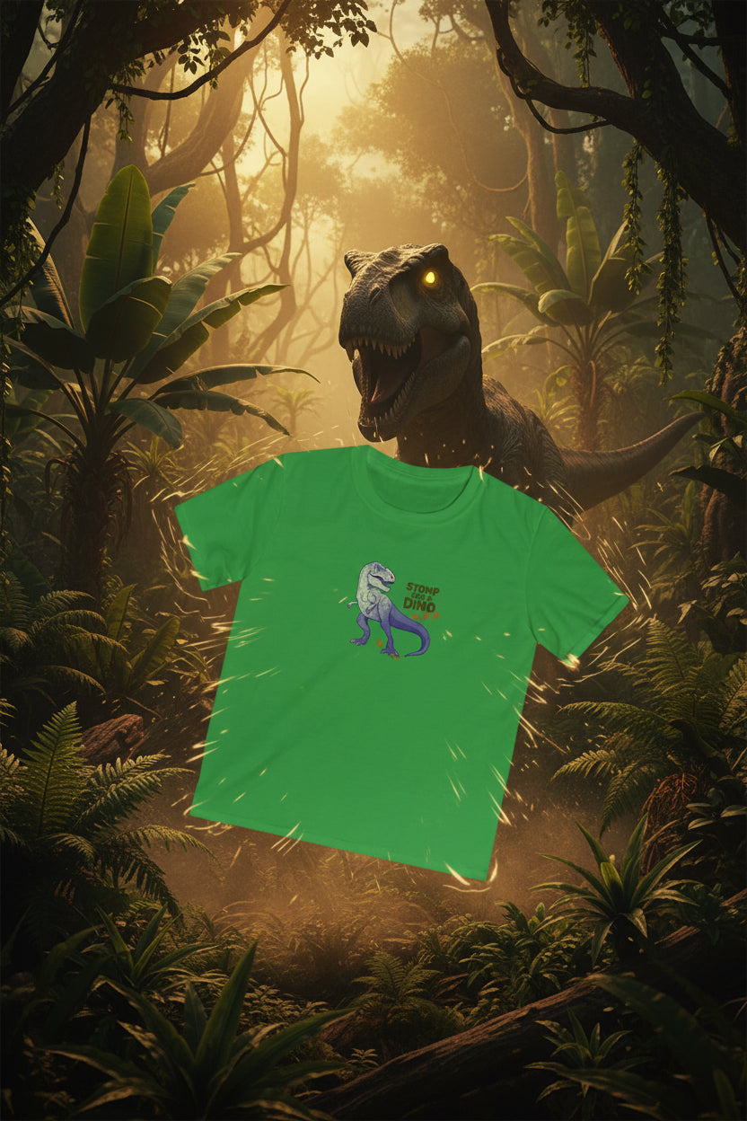 A green short-sleeve crewneck t-shirt featuring a cartoon graphic of a dark greenish and gray T-Rex dinosaur with the text 'STOMP ALL DINO' in orange and yellow, displayed on prehistoric background. Playfully scary background dinosaur.