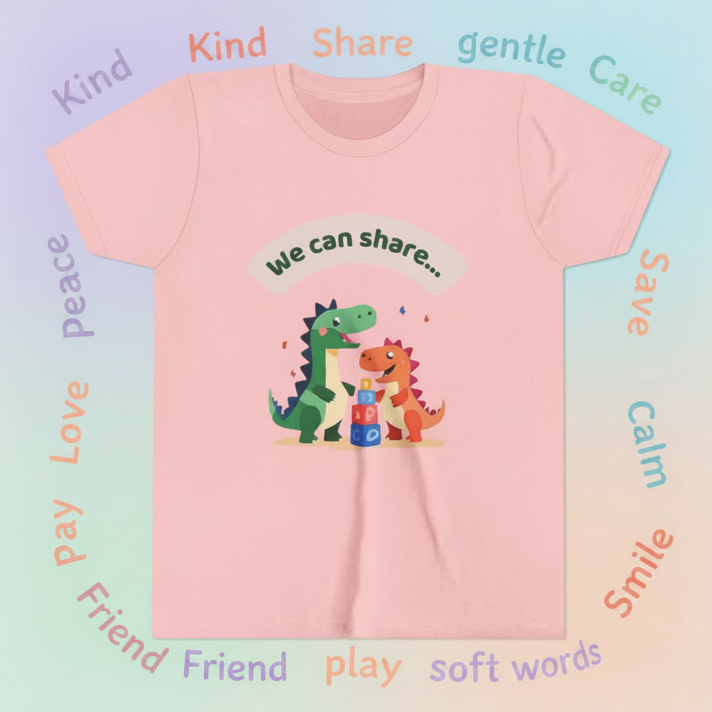 Pink t-shirt with dinosaur design and 'We can share' text on a pastel background Tee is surround by kind words
