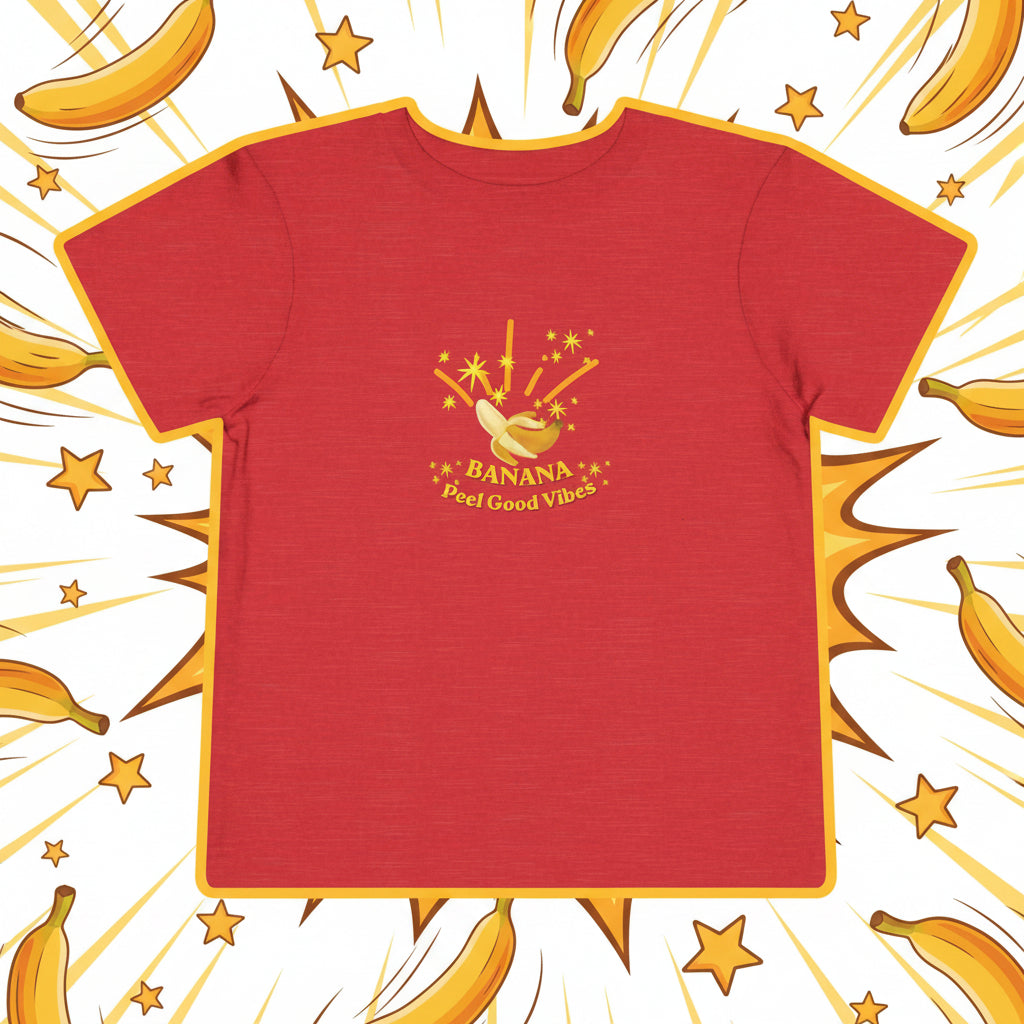 Red t-shirt with a banana graphic and text on a playful background