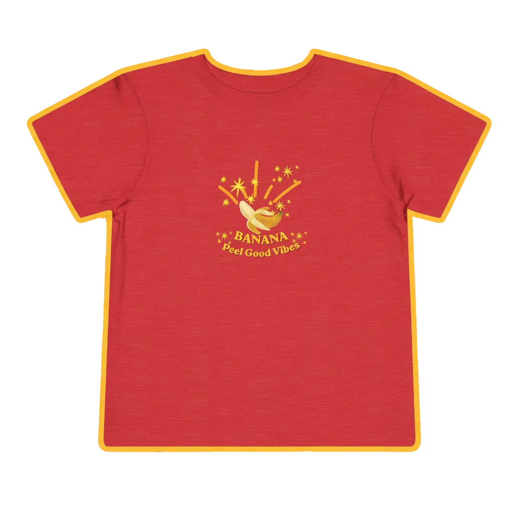 Red t-shirt with a banana graphic and text on a playful background