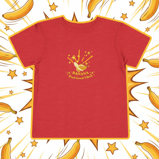 Red t-shirt with a banana graphic and text on a playful background