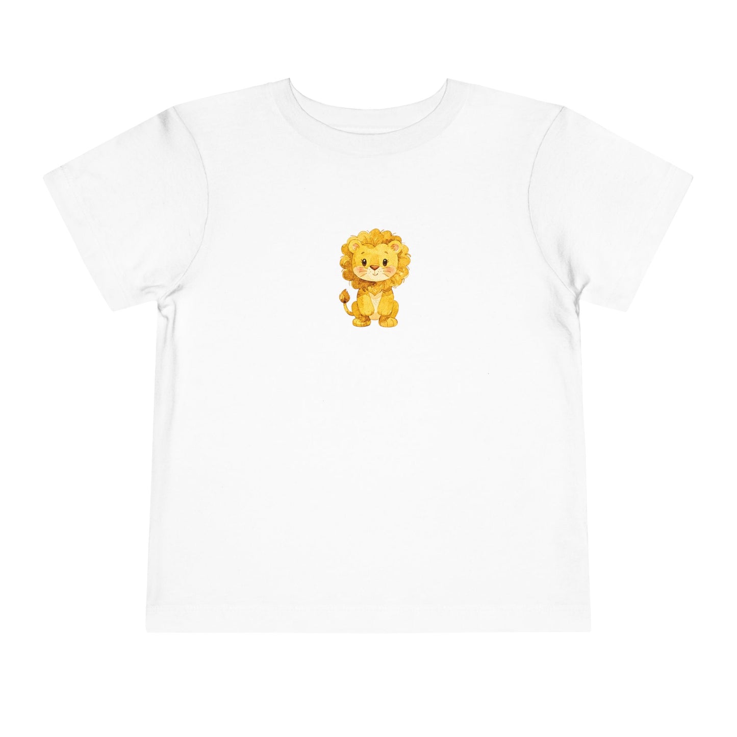 Cute watercolor lion toddler t‑shirt with a small heart detail, printed on a soft Bella + Canvas short‑sleeve tee.
