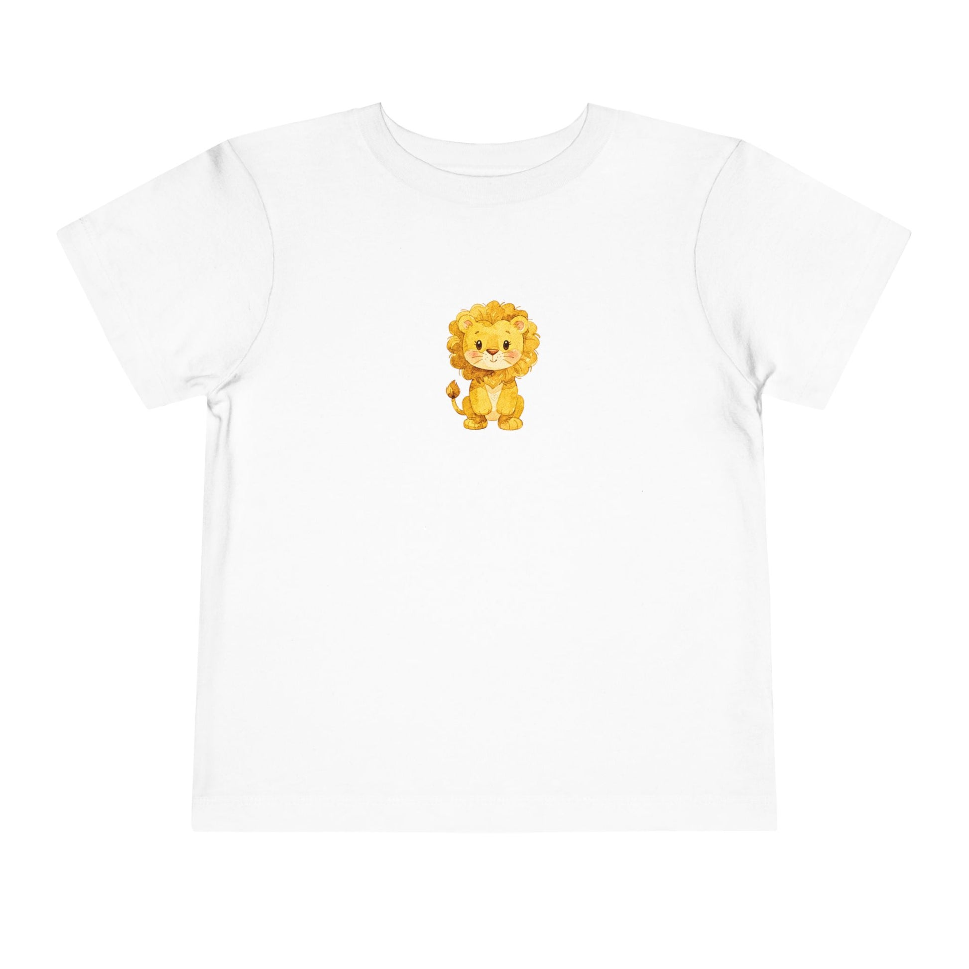 Cute watercolor lion toddler t‑shirt with a small heart detail, printed on a soft Bella + Canvas short‑sleeve tee.