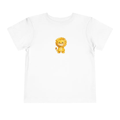 Cute watercolor lion toddler t‑shirt with a small heart detail, printed on a soft Bella + Canvas short‑sleeve tee.