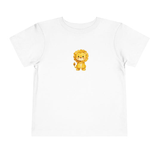 Cute watercolor lion toddler t‑shirt with a small heart detail, printed on a soft Bella + Canvas short‑sleeve tee.