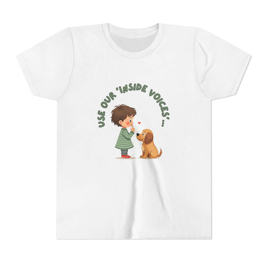 White t-shirt with a child and dog illustration and text on a white background