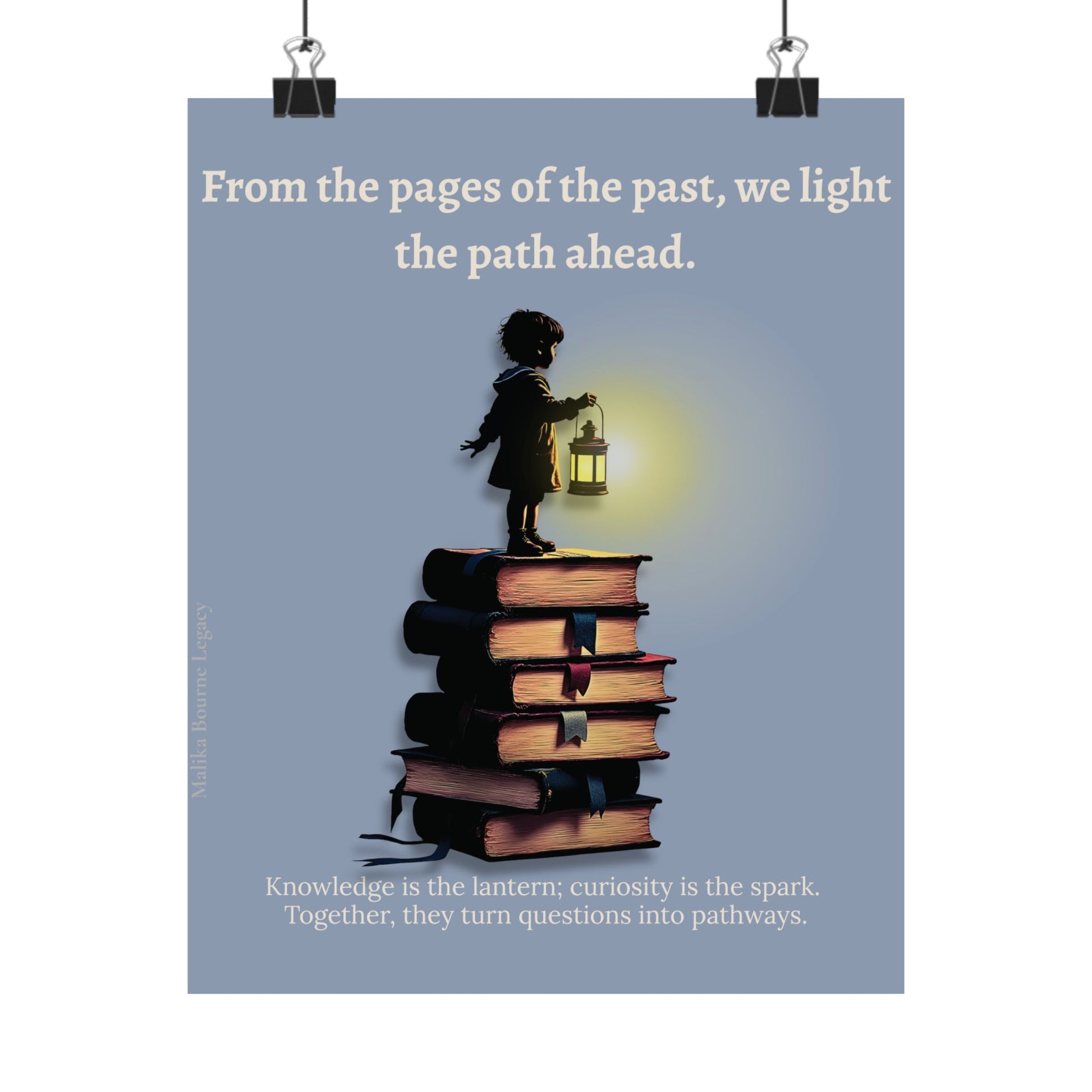 Poster with a silhouette of a child standing on books holding a lantern, against a light blue background with text.