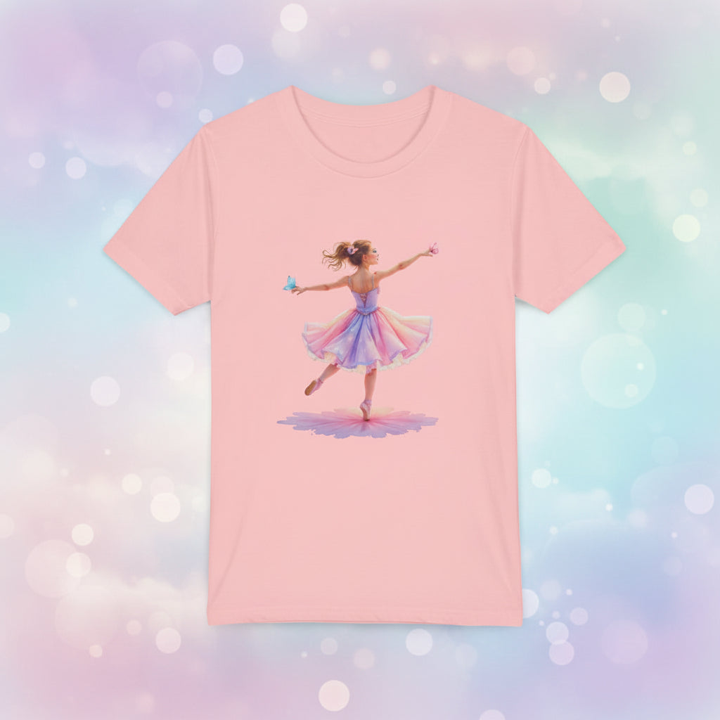 Pink t-shirt with a ballerina design on a white background
