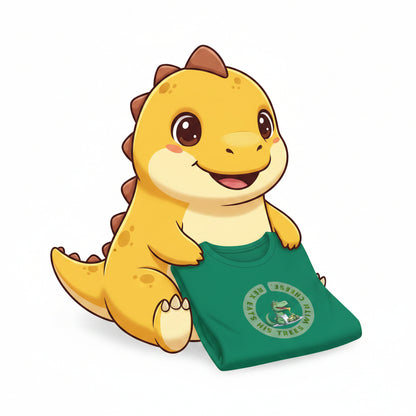 Folded green t-shirt with yellow child dinosaur graphic and text on a white background hold t=shirt on lap