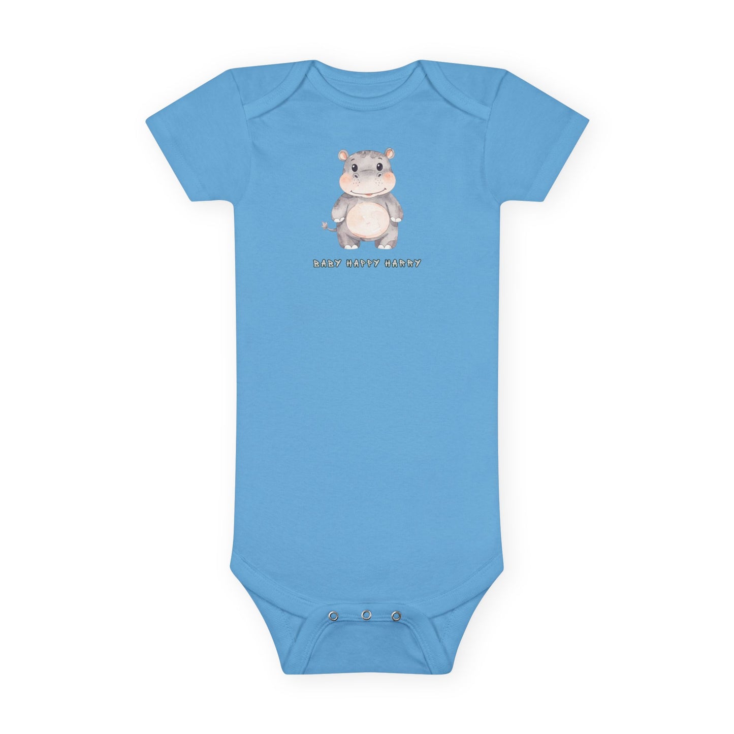 Blue baby onesie with a cartoon hippo design on a white background