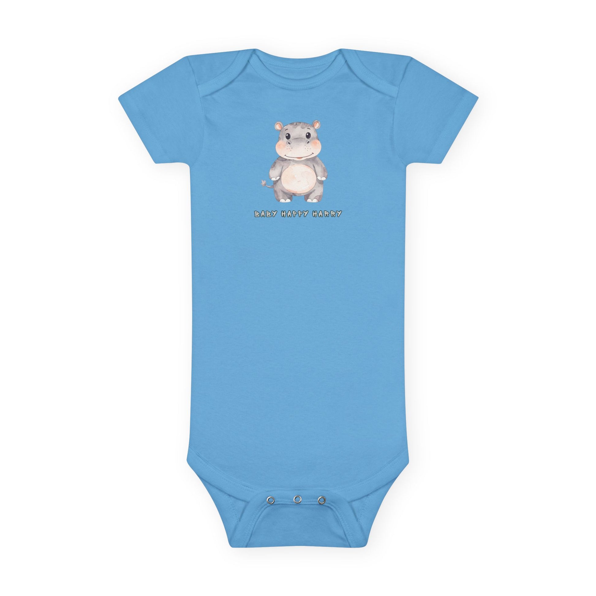 Blue baby onesie with a cartoon hippo design on a white background