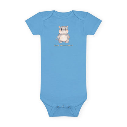 Blue baby onesie with a cartoon hippo design on a white background