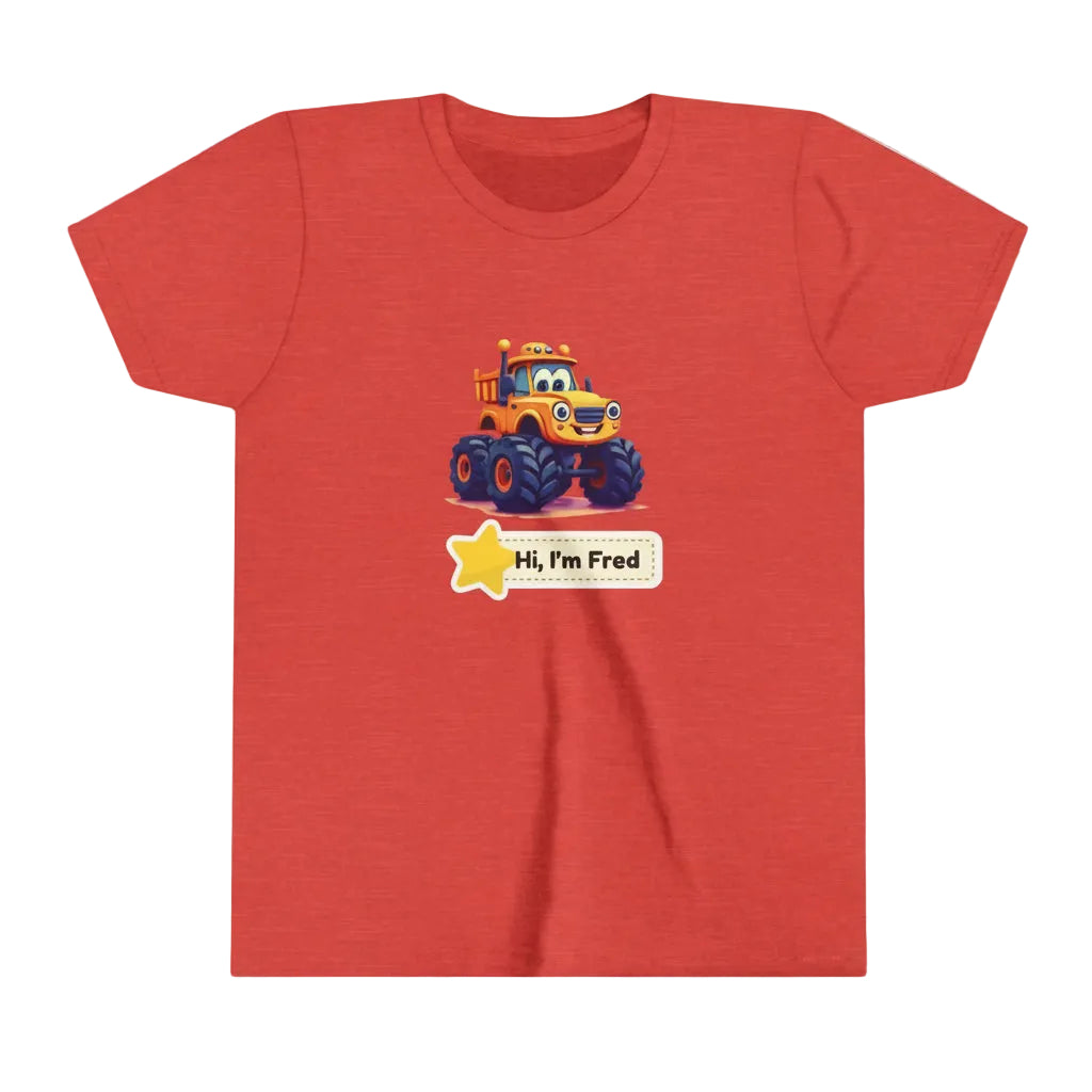 A heather red short-sleeve kid's t-shirt with a cartoon graphic of a yellow and blue monster truck on the chest, accompanied by a speech bubble that reads 'Hi, I'm Fred'.