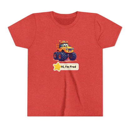 A heather red short-sleeve t-shirt with a cartoon graphic of a yellow and blue monster truck on the chest, accompanied by a speech bubble that reads 'Hi, I'm Fred'.
