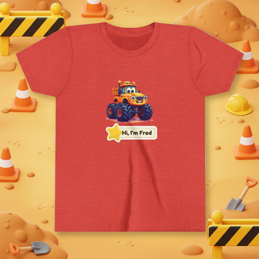 A heather red short-sleeve t-shirt with a cartoon graphic of a yellow and blue monster truck on the chest, accompanied by a speech bubble that reads 'Hi, I'm Fred'.