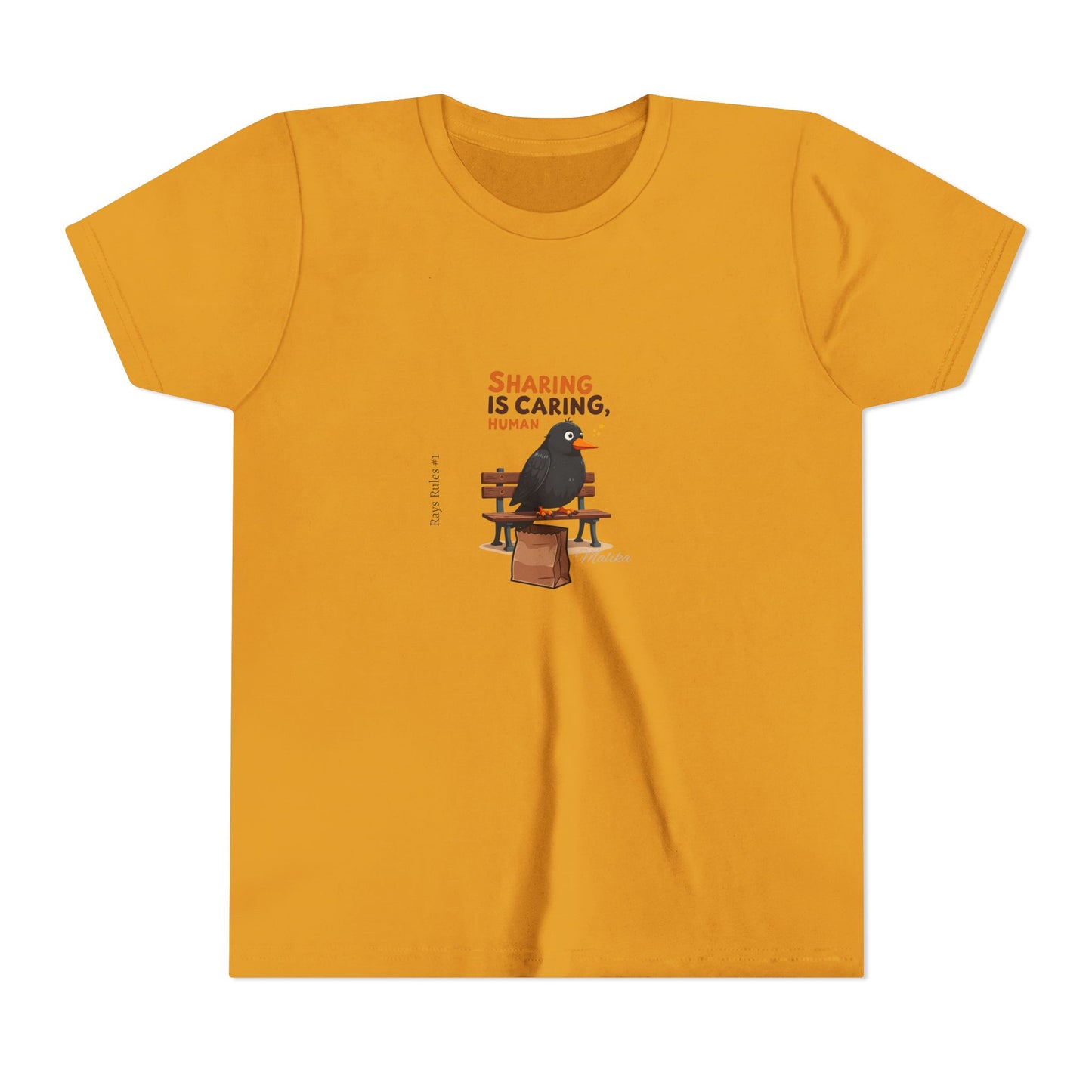 Youth Tee — "Sharing Is Caring" Bird Bench Graphic