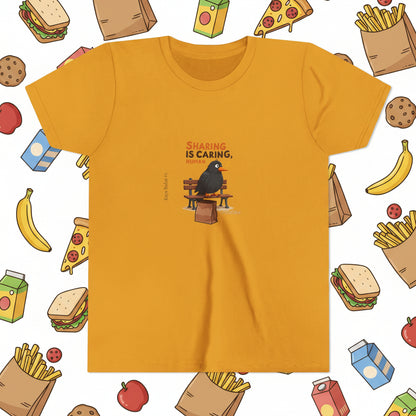 Yellow t-shirt with a graphic of a storybook crow, Ray, pan handling for food and text 'Sharing is Caring' on a cartoon background