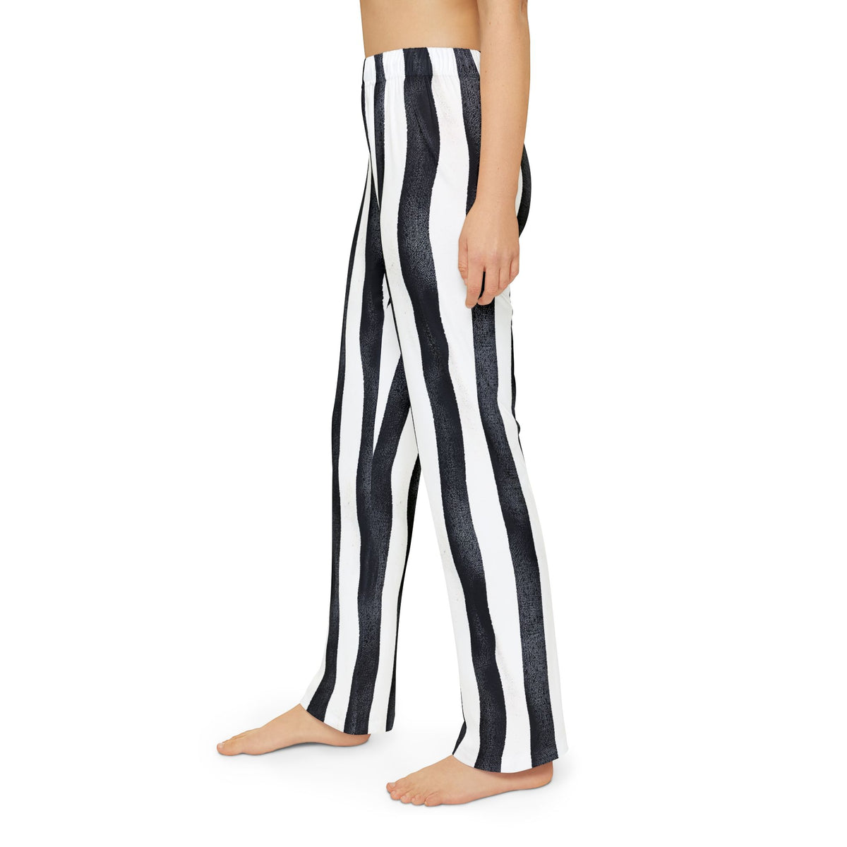 Kids black‑and‑white striped pants with a slight wiggle pattern for a playful pirate look.