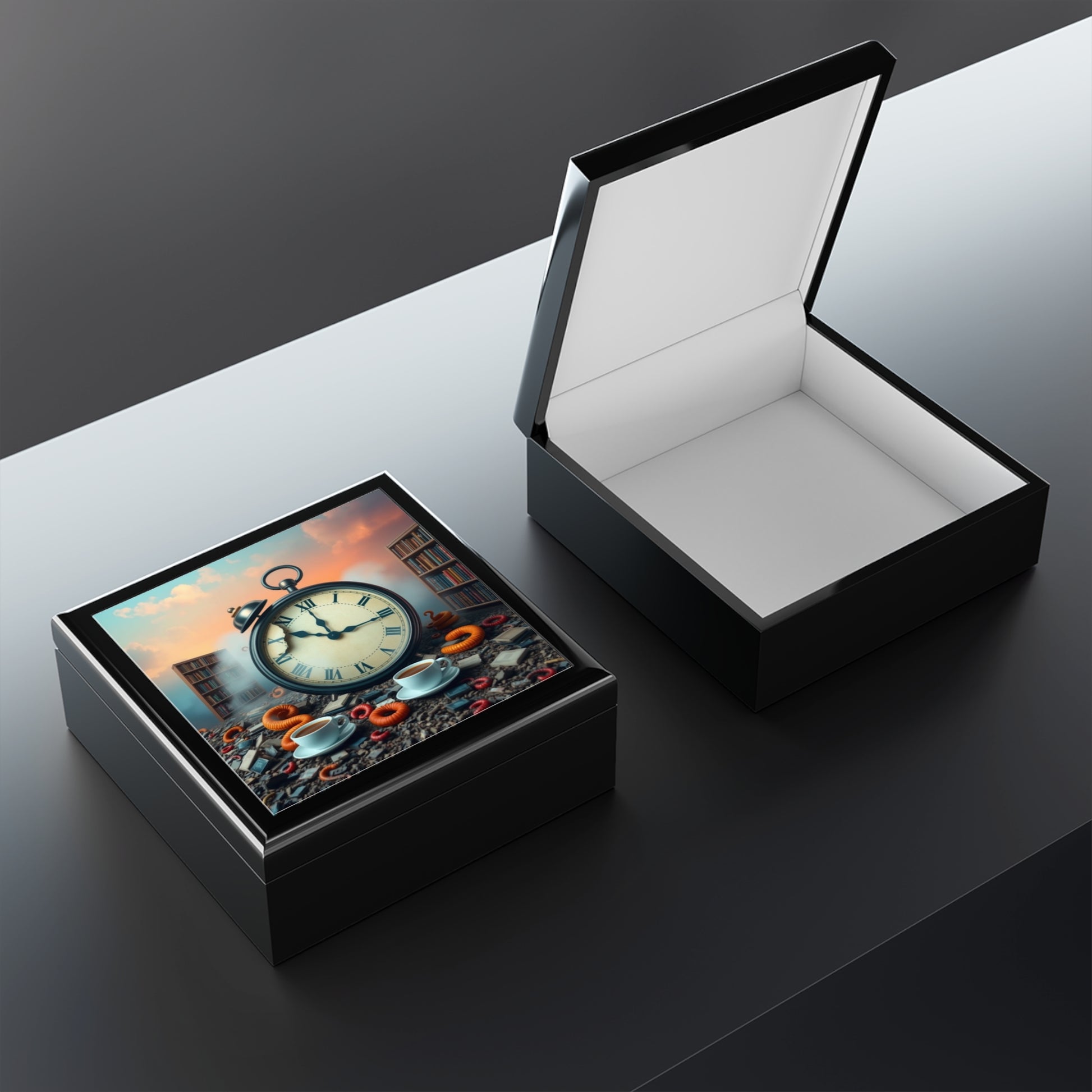 Decorative box with a clock design on a wooden surface. One box open to show inside.