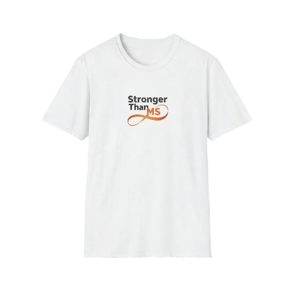 A white short-sleeve crewneck t-shirt with a 'Stronger Than MS' graphic printed on the chest. The graphic features black text and an orange infinity symbol with 'MS' in the center, set against a plain white background.