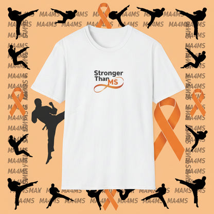 A white short-sleeve crewneck t-shirt with a 'Stronger Than MS' graphic printed on the chest. The graphic features black text and an orange infinity symbol with 'MS' in the center, set against a plain white background.