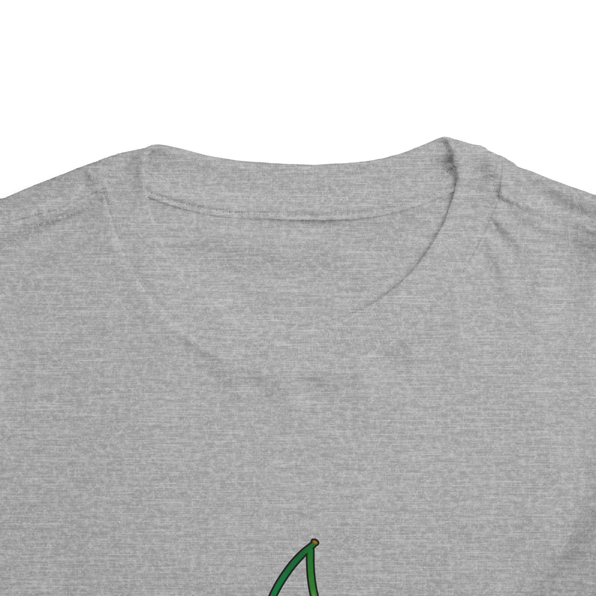 Close-up of a heather gray crewneck t-shirt showing the inner collar and the top of a small green graphic print at the lower center.