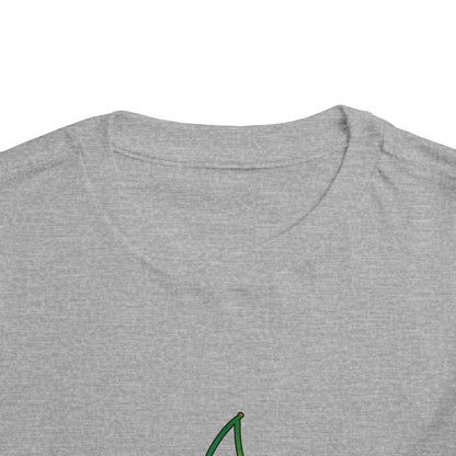 Close-up of a heather gray crewneck t-shirt showing the inner collar and the top of a small green graphic print at the lower center.