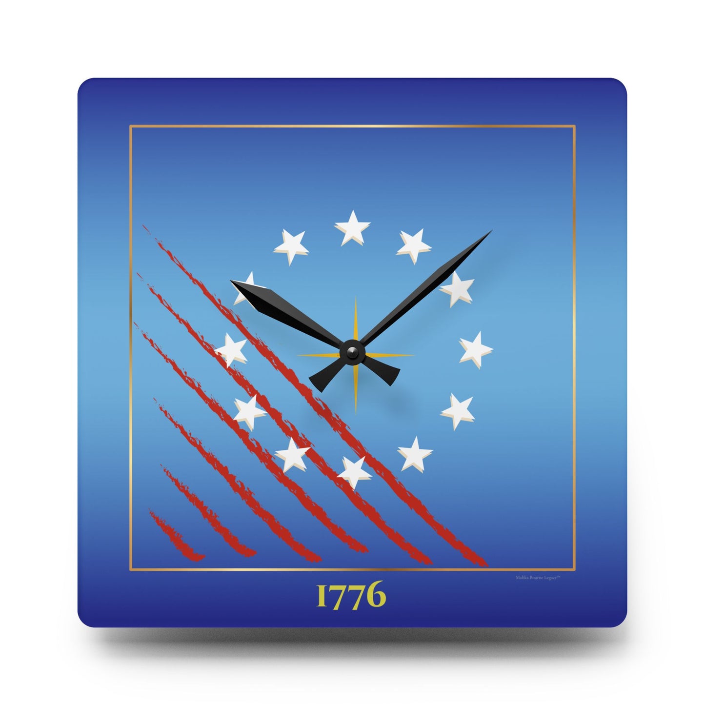 Wall clock with American flag design and '1776' on a blue background