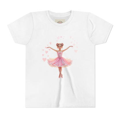 White t-shirt with a graphic of a girl in a pink ballet outfit on a white background