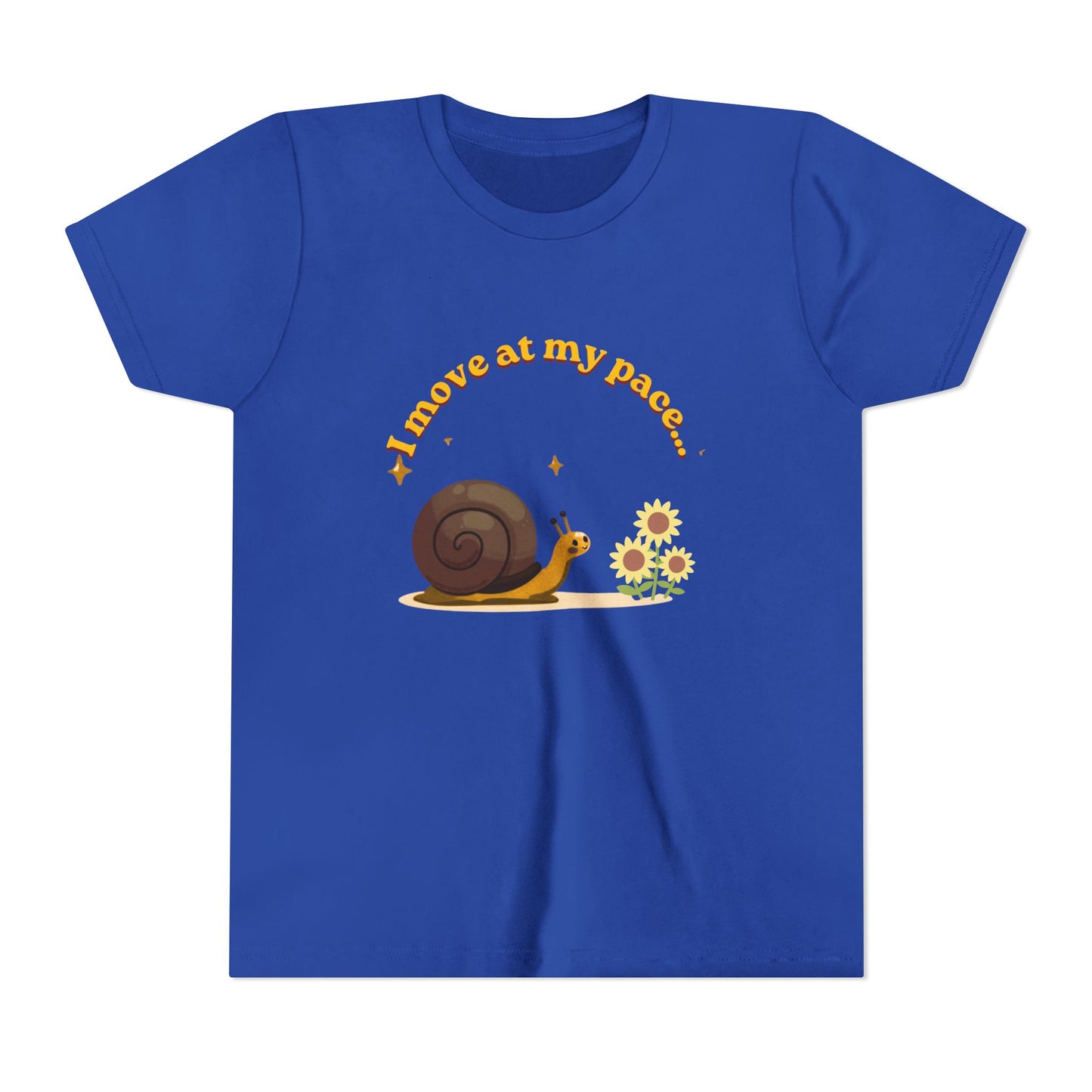Blue t-shirt with a snail and sunflower design and text on a white background