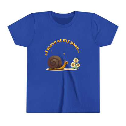 Blue t-shirt with a snail and sunflower design and text on a white background