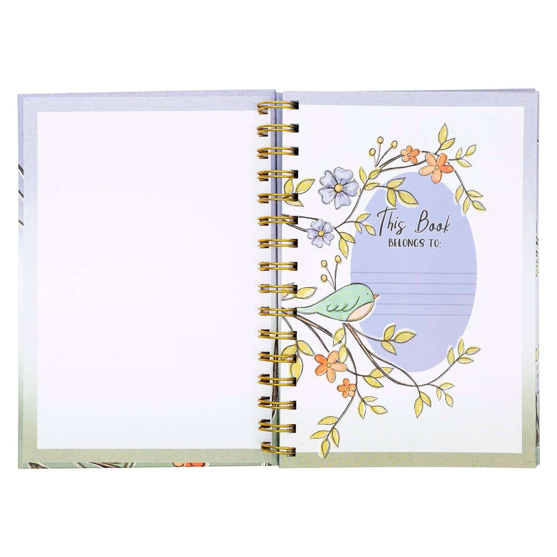 Open notebook with floral design and 'This Book Belongs To' text on a white background coyright