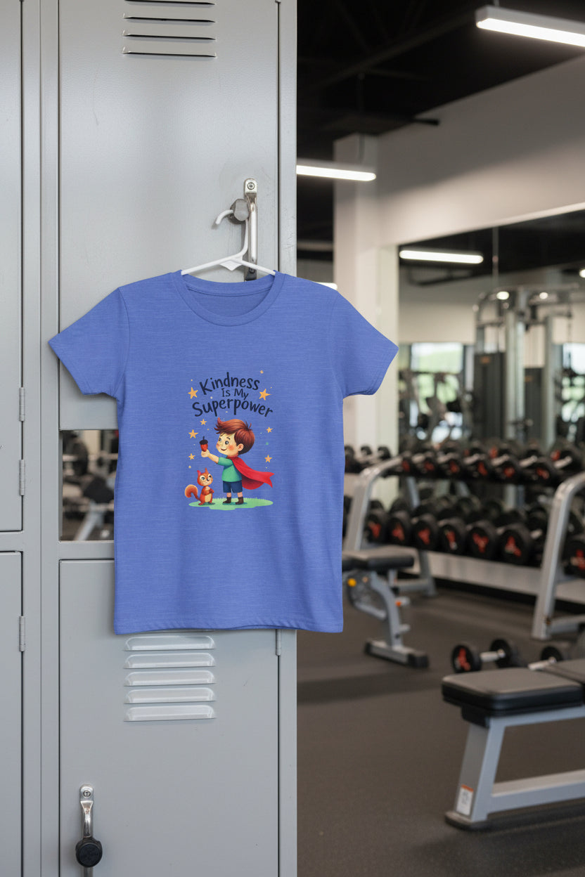 Blue t-shirt with a child and squirrel illustration and 'Kindness is my superpower' text on a white background