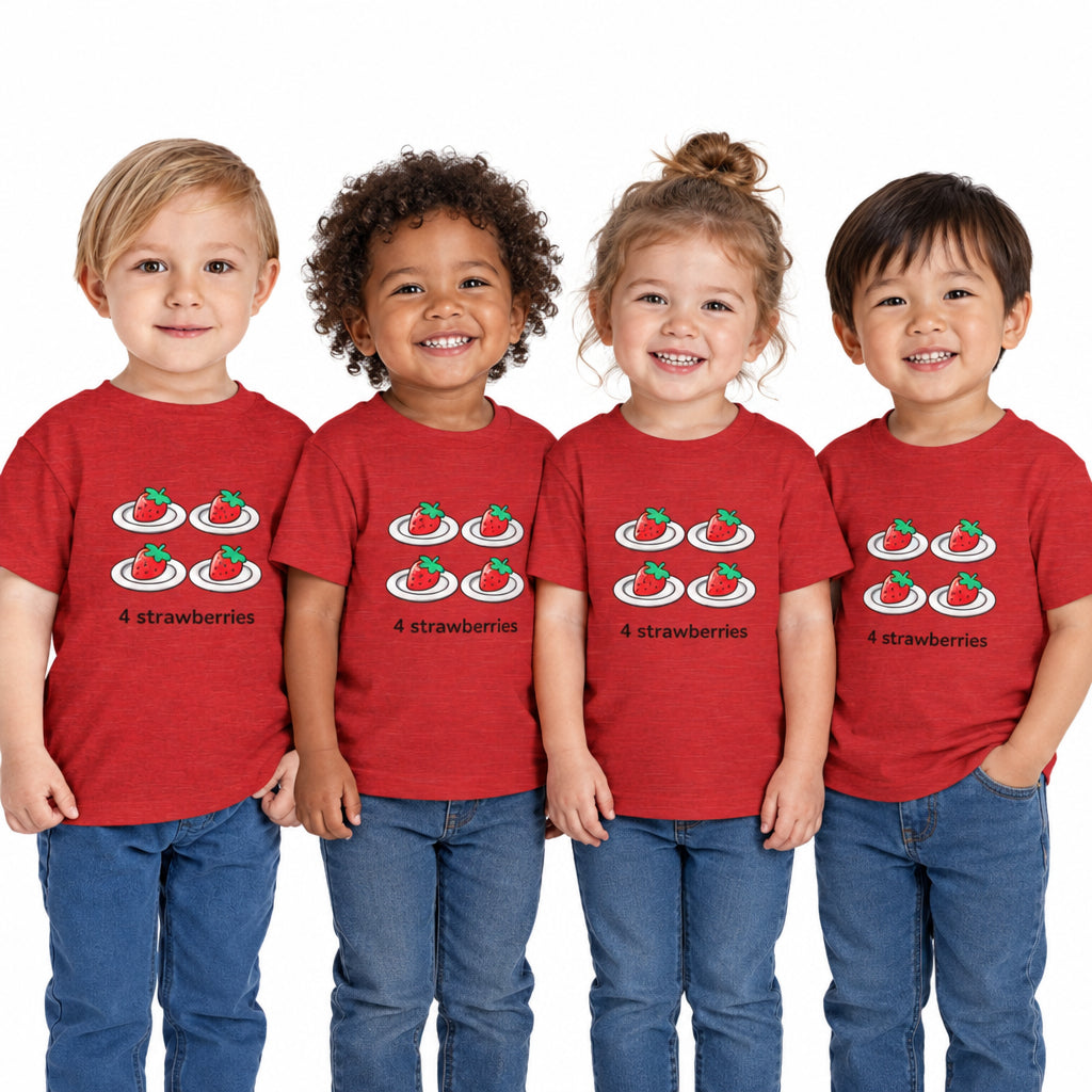 Child wearing a red t-shirt with colorful text on a white background