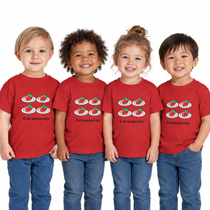Child wearing a red t-shirt with colorful text on a white background