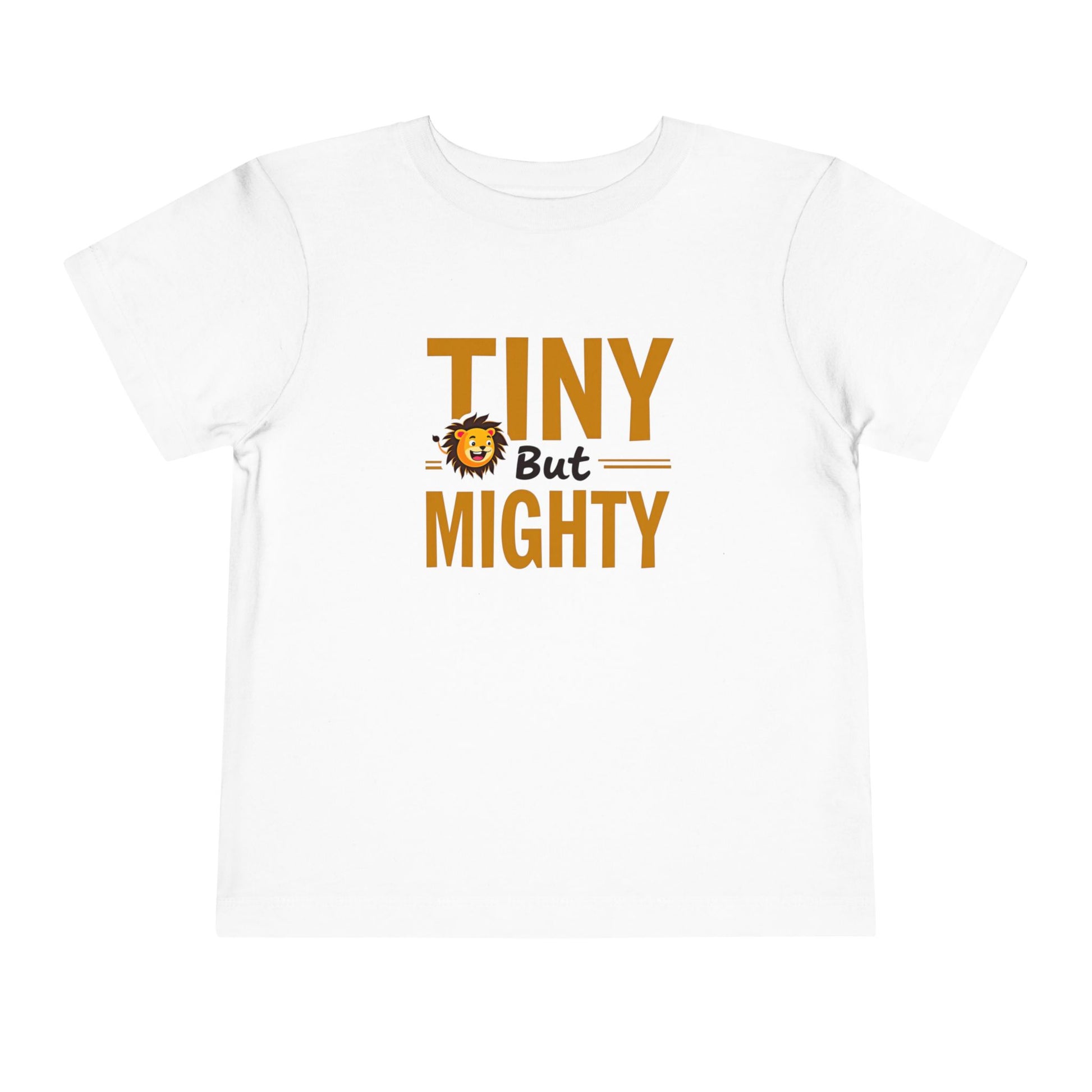White t-shirt with 'Tiny But Mighty' text and lion graphic on a white background
