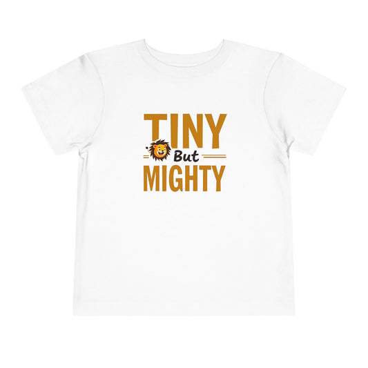 White t-shirt with 'Tiny But Mighty' text and lion graphic on a white background