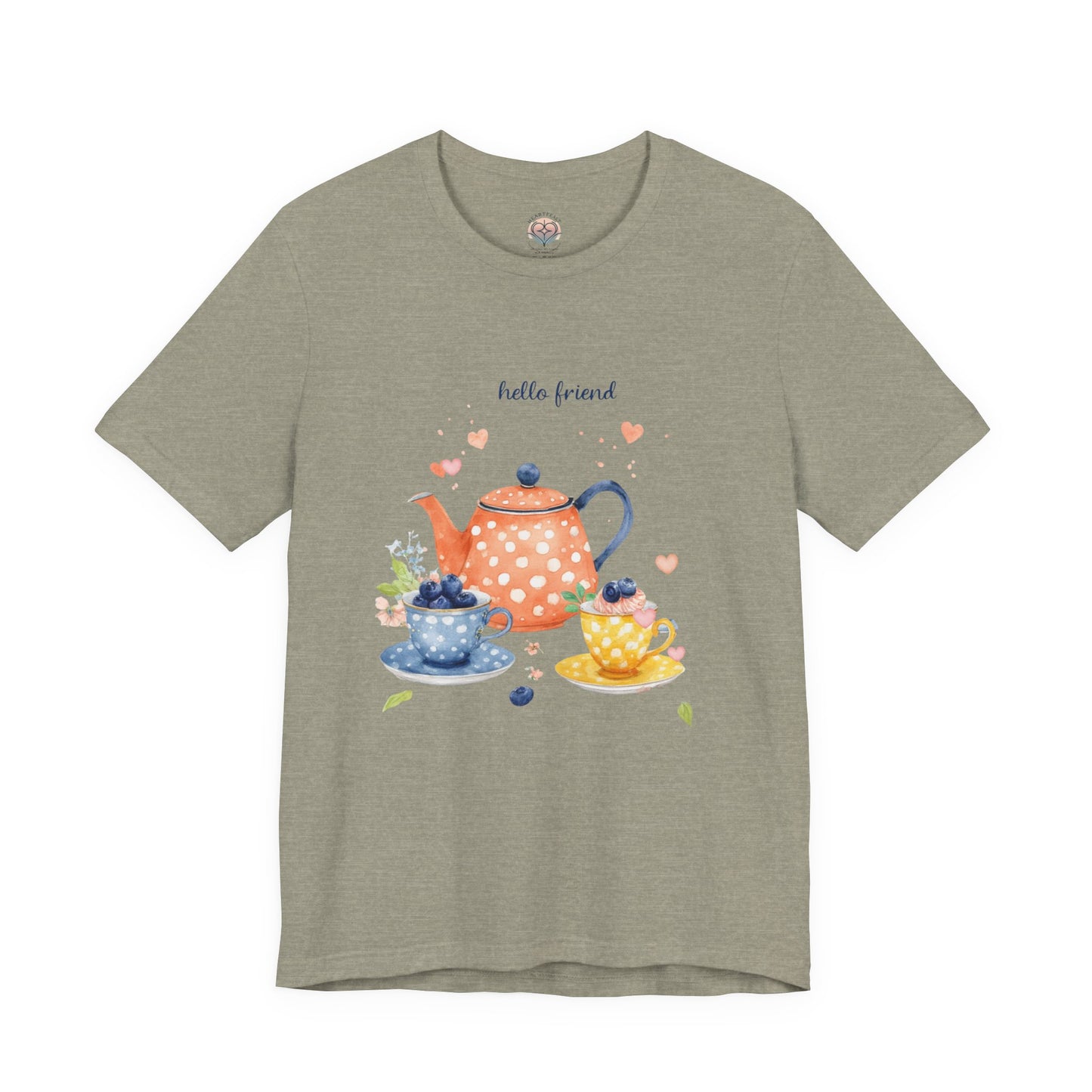 Green t-shirt with a tea-themed design and 'hello friend' text on a white background