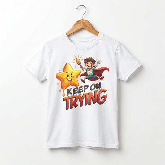 Kids’ ‘Keep On Trying’ T‑shirt featuring a cheerful star and a child in a cape holding a torch, promoting perseverance and early‑childhood SEL. White t-shirt with a superhero and star graphic and 'Keep on Trying' text on a white background