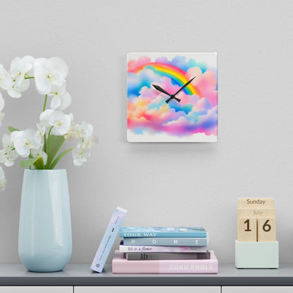 Acrylic Wall Clock — Pastel Rainbow Clouds Home Decor