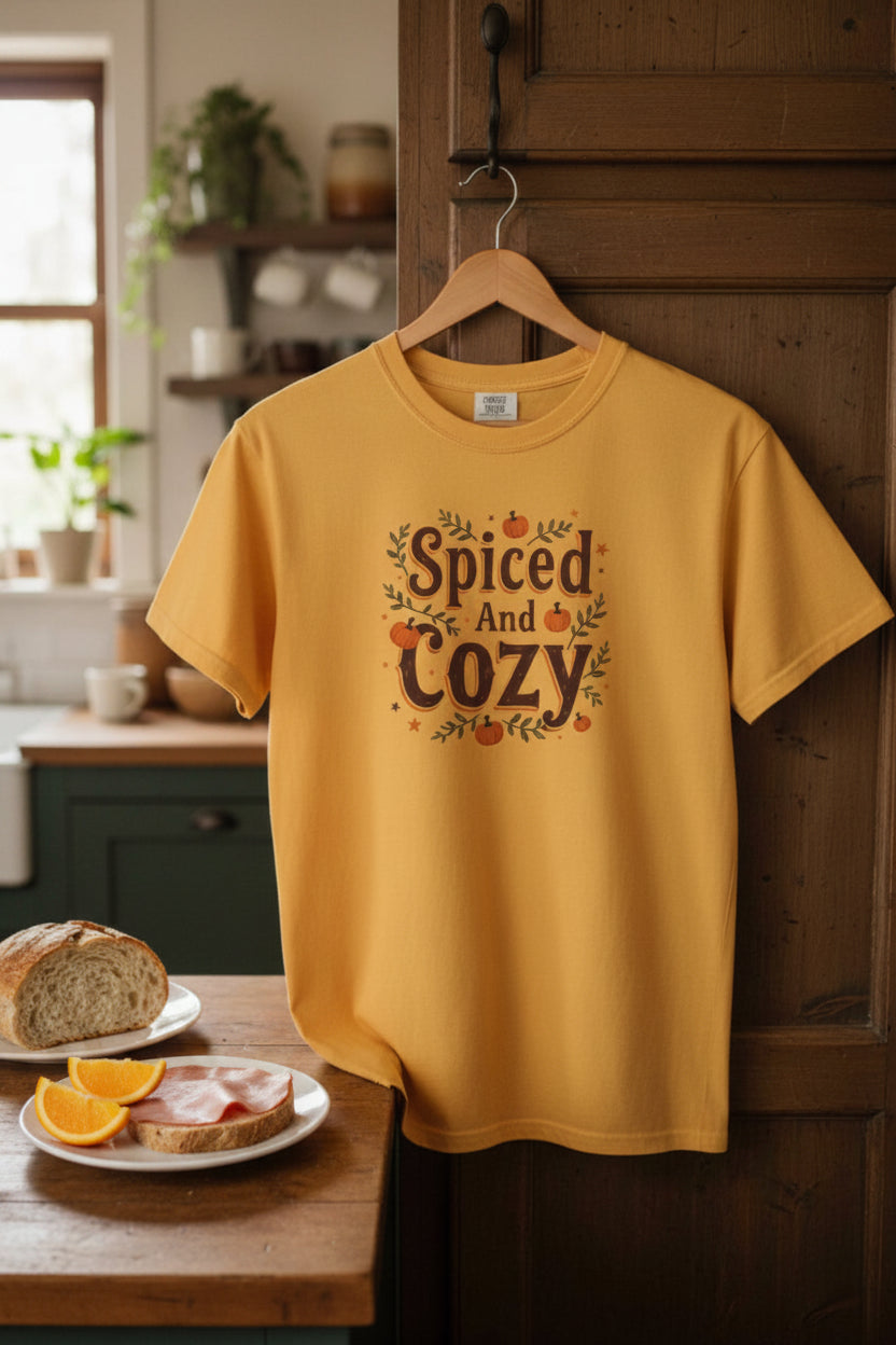 A yellow citrus short-sleeve crewneck t-shirt featuring a 'Spiced And Cozy' graphic with pumpkins and autumn leaves on the chest. The lifestyle scene is in a kitchen where a ham sandwich is being prepared with orange slices on the side. Malika Bourne Legacy design.