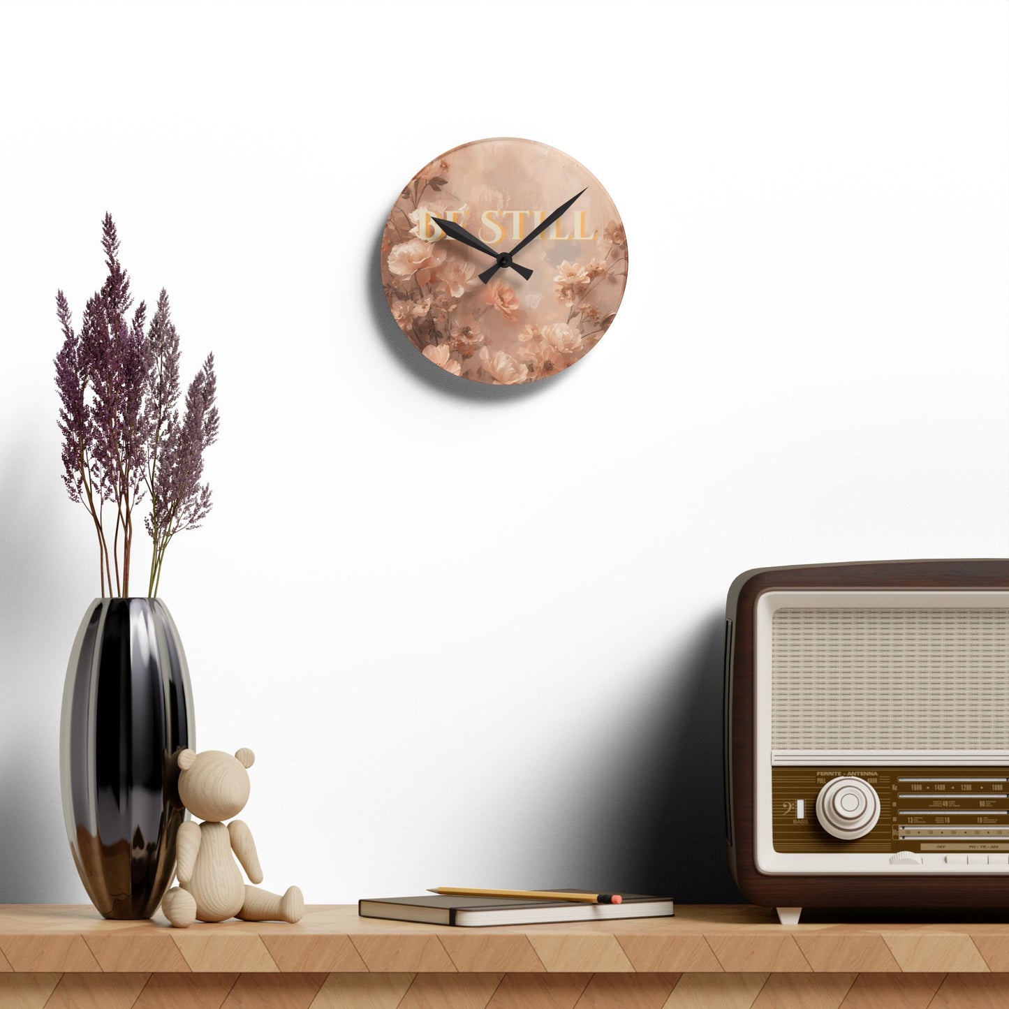 Acrylic Wall Clock — "Be Still" Floral Decorative Clock for Living Room, Bedroom, or Gift
