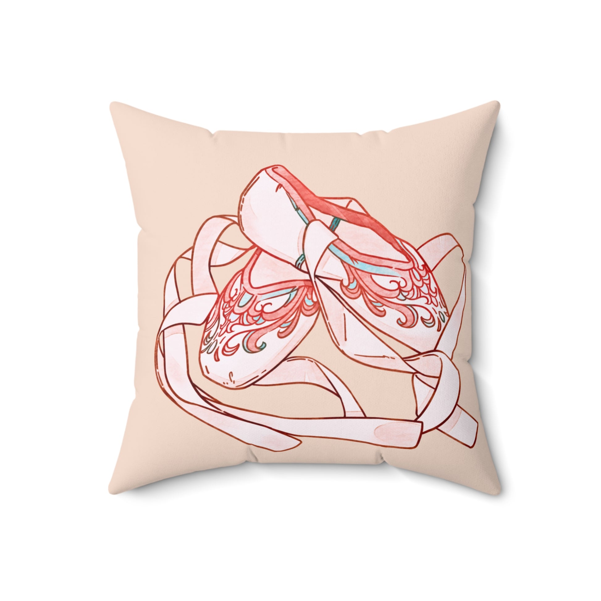 Decorative pillow with a design of ballet shoes and ribbons on a beige background