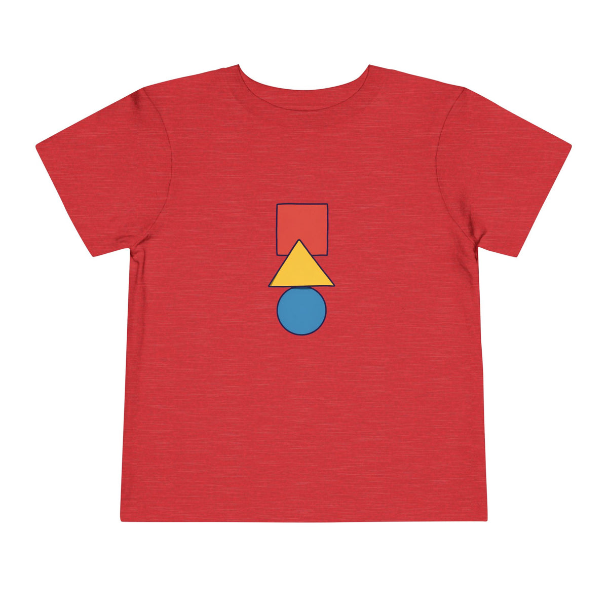 A red short-sleeve t-shirt with a central graphic of stacked geometric shapes: a red square, a yellow triangle, and a blue circle, outlined in black.