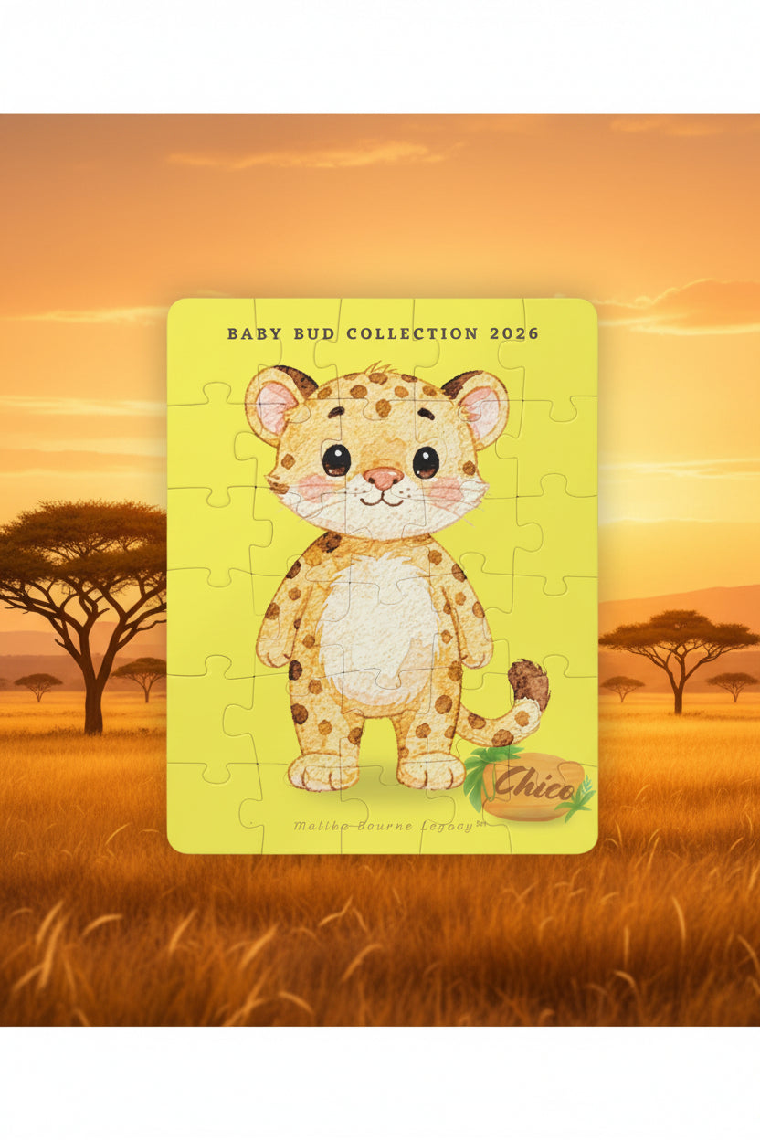 Jigsaw puzzle with a cartoon leopard on a yellow background, featuring the text 'Baby Bud Collection 2026' and 'Chico'.