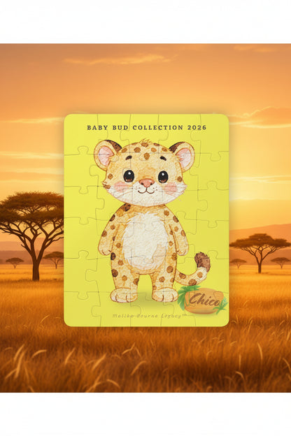 Jigsaw puzzle with a cartoon leopard on a yellow background, featuring the text 'Baby Bud Collection 2026' and 'Chico'.