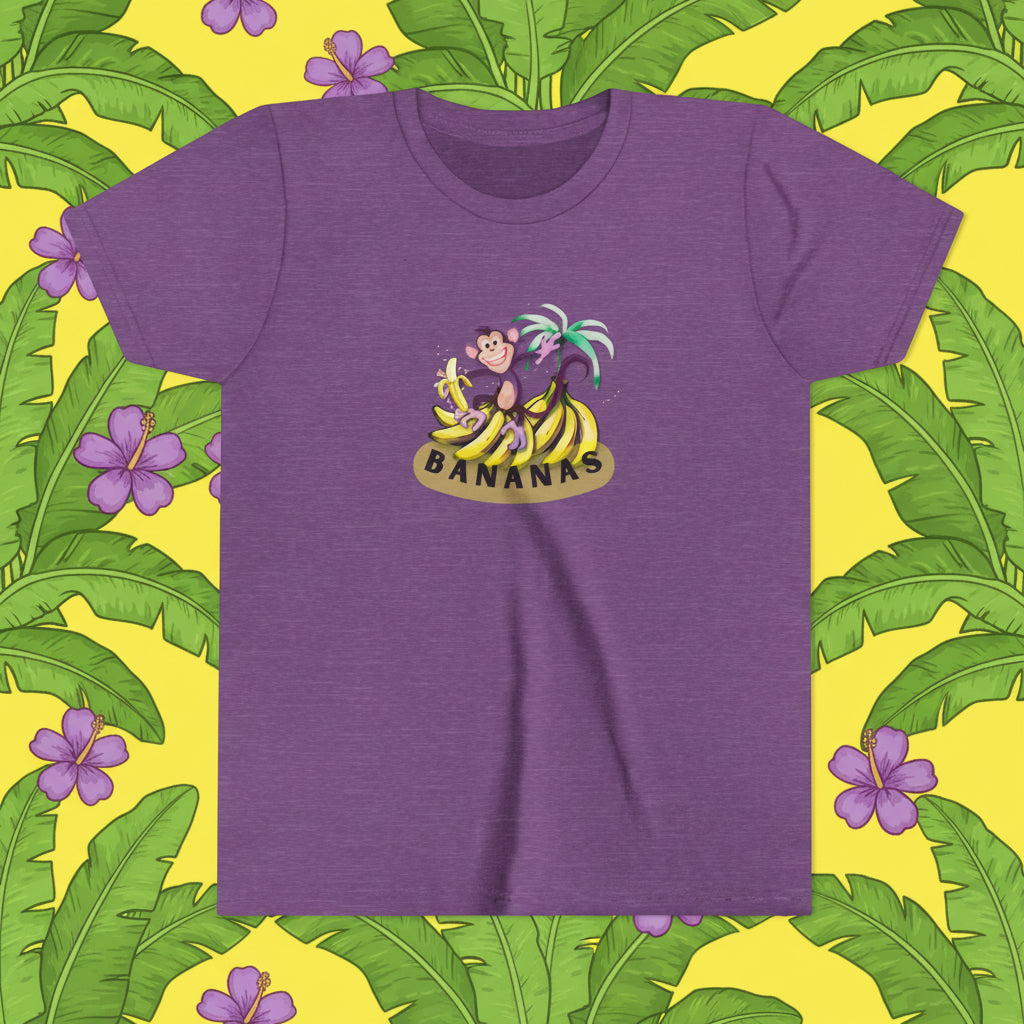 heather purple t-shirt with graphic cartoon monky on banan bunches. background issillyu cartoon design