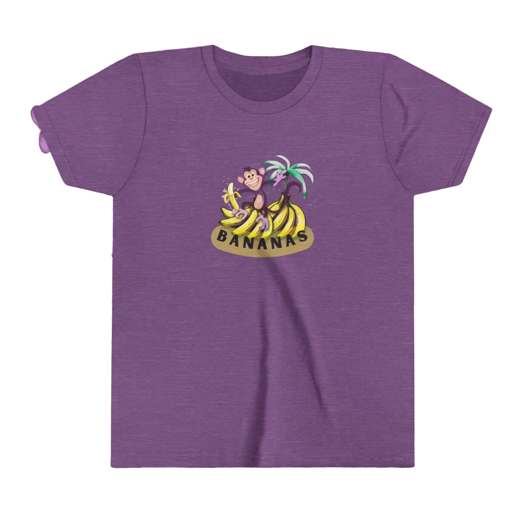 heather purple t-shirt with graphic cartoon monky on banan bunches. background issillyu cartoon design
