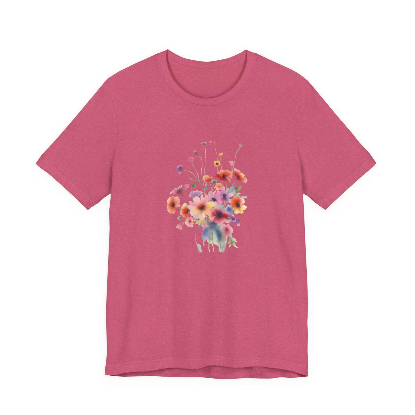 Pink t-shirt with a colorful floral design on a white background